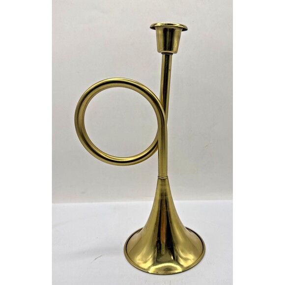 Other - Brass Trumpet Bugle Horn Candle Holder Tapers 9” Patina ￼India Vintage